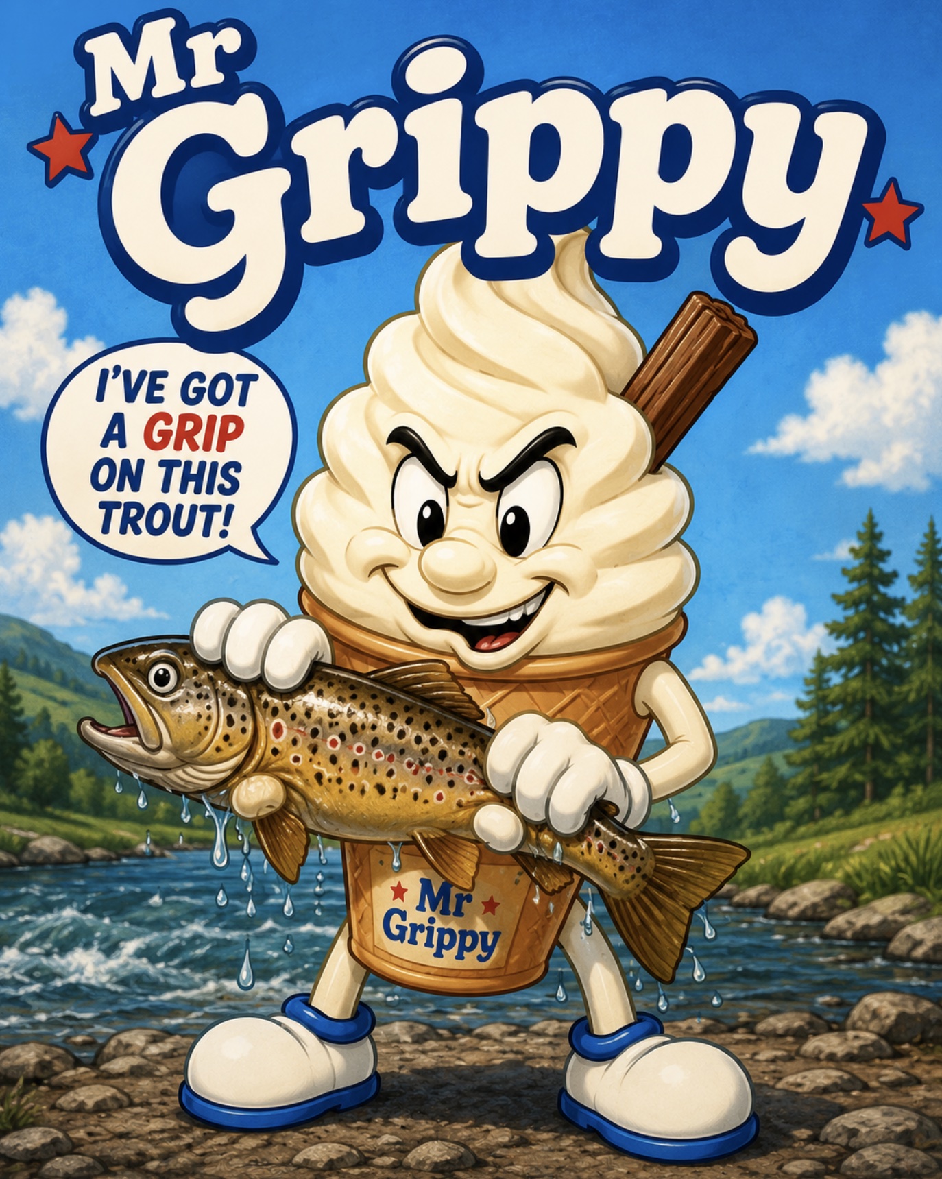 cartoon image of Mr Grippy squeezing a trout